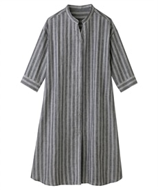 【シニアファッション】7分袖麻混ゆったりロングシャツワンピース