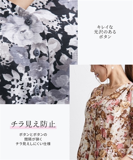 大きい胸専用日本製生地Vネック２７分袖花柄ワンピースポケット