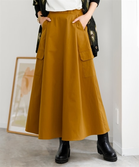 ＜ニッセン＞ 大きいサイズ ポケットデザインロングスカート（ゆったりヒップ）(8L)(キャラメル) (ロング丈・マキシ丈スカート/大きいサイズ有レディース(スマイルランド)・Smileland)画像