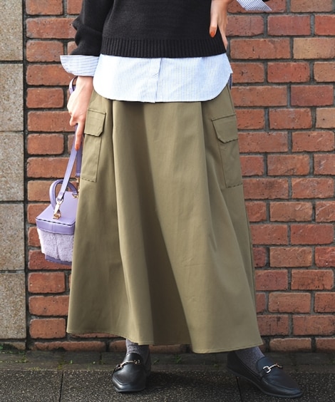 大きいサイズ ポケットデザインロングスカート（ゆったりヒップ）(4L)(カーキ) (ロング丈・マキシ丈スカート/大きいサイズ有レディース(スマイルランド)・Smileland)