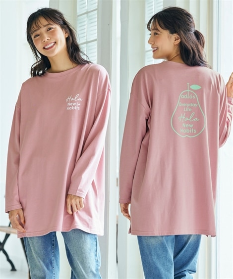 大きいサイズ バスク素材綿混ビッグシルエットプリントチュニックTシャツ(8L)(ピンク/フルーツ) (Tシャツ・カットソー/大きいサイズ有レディース(スマイルランド)・Smileland)