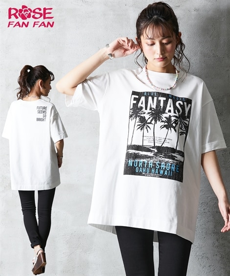 大きいサイズ 綿100％パームツリープリントTシャツ ローズファンファン（Tシャツ・カットソー）ROSE FAN FAN（ローズファンファン）