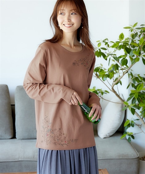 綿１００％長袖プリントTシャツ（UVカット）(LL)(スモークピンク/ピンク/グリーン) (Tシャツ・カットソー/レディースファッション)の画像