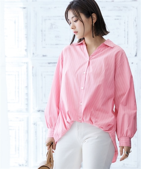 裾タックストライプシャツ（イージーケア・UVカット）(M)(ピンク系ストライプ/ピンク系/ピンク) (シャツ・ブラウス/レディースファッション)