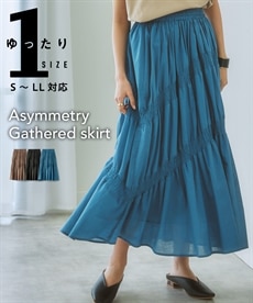 アシンメトリーギャザーデザインロングスカート【ゆったりワンサイズ】