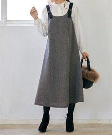 【シニアファッション】肩ベルトツイードジャンパードレス