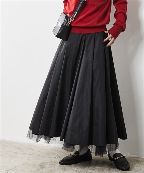 ＜ニッセン＞ 大きいサイズ 裾チュールタックギャザーロングスカート シックスタイル(8L)(黒) (ロング丈・マキシ丈スカート/大きいサイズ有レディース(スマイルランド)・Smileland)