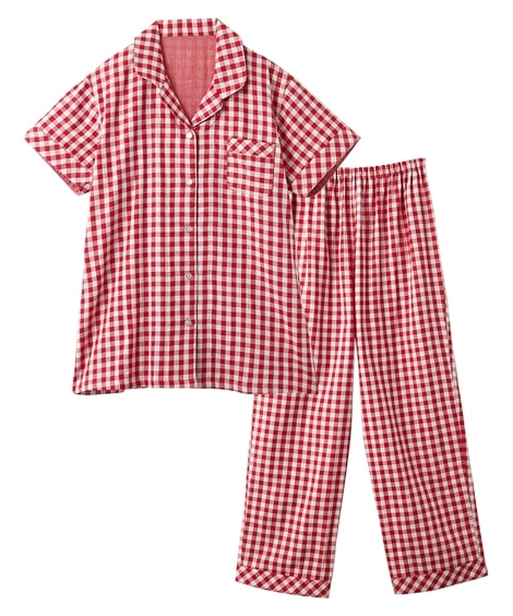 綿100％ダブルガーゼギンガムチェック半袖シャツパジャマ(3L)