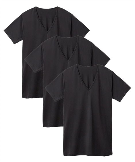 ＜ニッセン＞ 吸汗速乾なめらかストレッチ深Ｖネック半袖インナー３枚組(3L)(黒) (半袖インナー/メンズファッション)画像