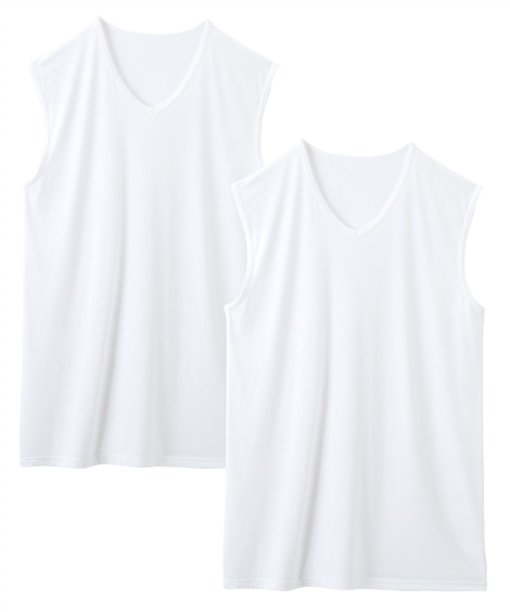 超冷感ＡＩＲ メッシュV首ノースリーブシャツ２枚組（接触冷感・吸汗速乾・UVカット）(10L)(白) (タンクトップ・ノースリーブインナー/メンズファッション/紳士服)