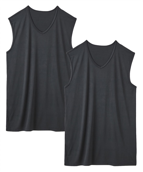 超冷感ＡＩＲ メッシュV首ノースリーブシャツ２枚組（接触冷感・吸汗速乾・UVカット）(M)(黒) (タンクトップ・ノースリーブインナー/メンズファッション/紳士服)