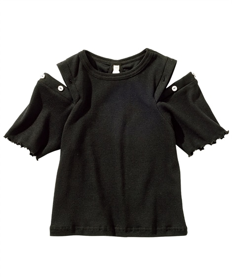 肩ボタン開きテレコ素材Ｔシャツ(140cm)(黒) (Tシャツ・カットソー/子供服・子供用品・キッズ)
