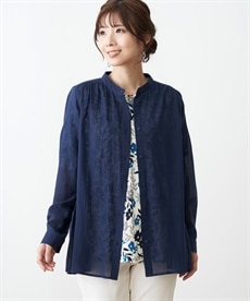 【シニアファッション】綿100％サンドウォッシュ楊柳バンドカラーシャツ