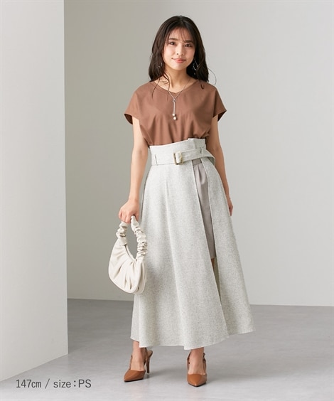 小さいサイズ　ベルト付きツイード調巻きスカート+ショートパンツ２点セット　低身長さん・小柄女性