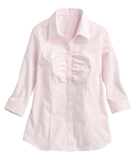 ＜ニッセン＞ 形態安定ドビー織胸ギャザー7分袖シャツ（ゆったりバスト）(LL)(ピンク) (シャツ・ブラウス/レディースファッション)