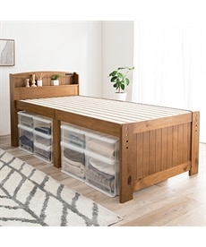 天然木パイン材ベッド下に大量収納できる棚付きすのこベッド