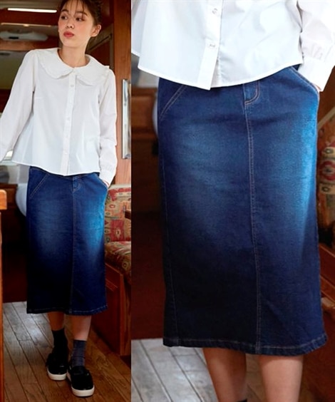 大きいサイズ よくのびるデザインデニムスカート（ゆったりヒップ）【la farfa 22年5月号掲載】（ひざ丈スカート）