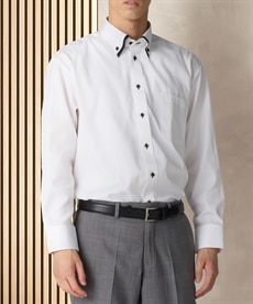 形態安定  衿デザインモノトーン長袖ボタンダウンワイシャツ