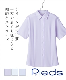 【Pieds】HCB4000日本製生地ノーアイロン半袖ストライプブラウス（吸汗速乾・防汚加工）