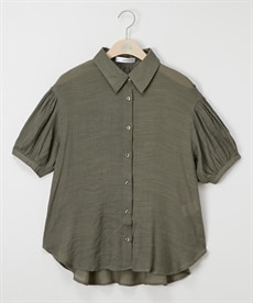 大きいサイズ スラブ５分袖ギャザーシャツ　透け素材