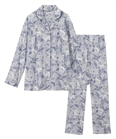 やわらかスムース線画調花柄前開きシャツパジャマ