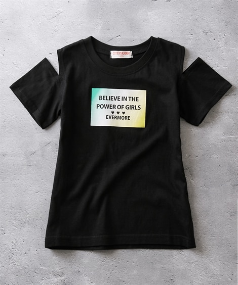 ＜ニッセン＞ 肩開きプリントＴシャツ(120cm)(黒) (Tシャツ・カットソー/子供服・子供用品・キッズ)画像