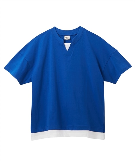 綿100％フェイクレイヤードキーネックTシャツ(160cm)(ブルー) (Tシャツ・カットソー/子供服・子供用品・キッズ)