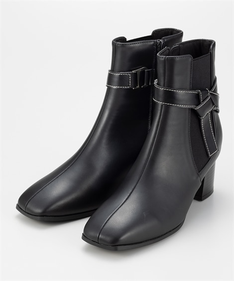 ＜ニッセン＞ ２WAYアンクルリボンサイドゴアブーツ（低反発中敷）(22. 0-22. 5cm)(黒) (ブーツ・ブーティ/靴(レディースシューズ)・バッグ・アクセサリー)画像