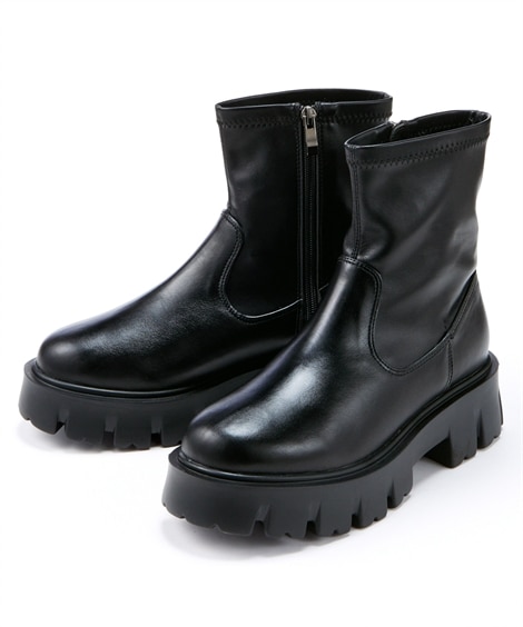 ＜ニッセン＞【ゆったり幅広】厚底ストレッチショートブーツ（ワイズ４Ｅ）(24. 0-24. 5cm/4E)(黒) (ブーツ・ブーティ/靴(レディースシューズ)・バッグ・アクセサリー)画像