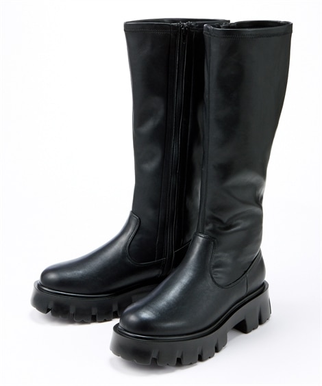 ＜ニッセン＞【ゆったり幅広】厚底ストレッチロングブーツ（ワイズ４Ｅ）(25. 0-25. 5cm/4E)(黒) (ブーツ・ブーティ/靴(レディースシューズ)・バッグ・アクセサリー)画像