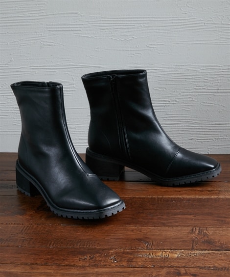 スクエアトゥサイドファスナーブーツ（ワイズ４Ｅ）(25. 0-25. 5cm/4E)(ブラック(スムース)) (ブーツ・ブーティ/靴(レディースシューズ)・バッグ・アクセサリー)の大画像