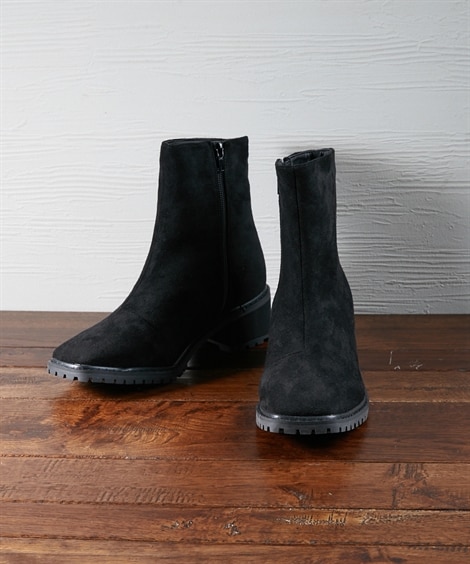 スクエアトゥサイドファスナーブーツ（ワイズ４Ｅ）(25. 0-25. 5cm/4E)(ブラック(スエード調)) (ブーツ・ブーティ/靴(レディースシューズ)・バッグ・アクセサリー)の画像