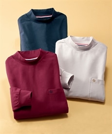【シニアファッション】吸湿発熱衿元きれいなモックネックシャツ３色組