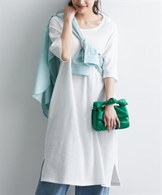 綿100％ 日本製 ５分袖サイドスリットワンピース 一枚着用も重ね着もＯＫなとっておきのワッフル素材　RiFUKURU BASIC