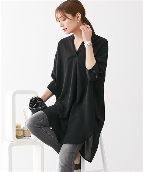 とろみ素材 サイドタックスキッパーシャツ(S)(ブラック) (シャツ・ブラウス/レディースファッション)