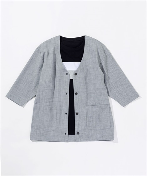 2点セット（ストレッチノーカラージャケット+Tシャツ）(M)(杢グレー/グレー/黒系) (ジャケット/メンズファッション/紳士服)
