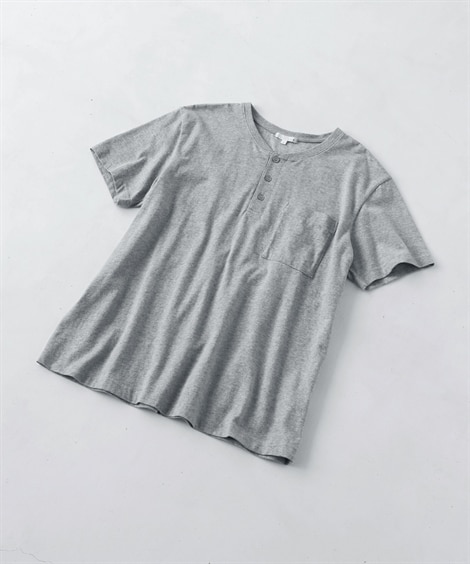 綿１００％ポケット付ヘンリーネック半袖Tシャツ（お腹ゆったり）(LL)(杢グレー/グレー) (Tシャツ・カットソー/メンズファッション/紳士服)
