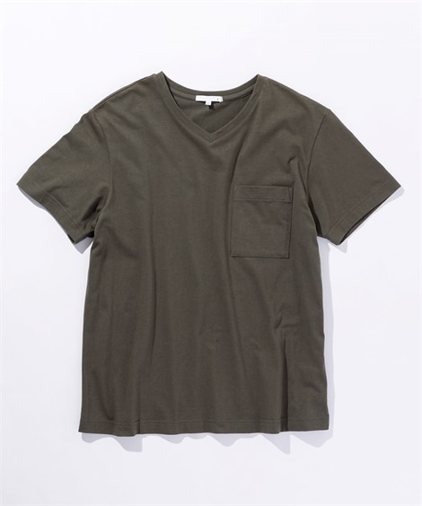 綿１００％ポケット付Vネック半袖Tシャツ（お腹ゆったり）(10L)(カーキ) (Tシャツ・カットソー/メンズファッション/紳士服)