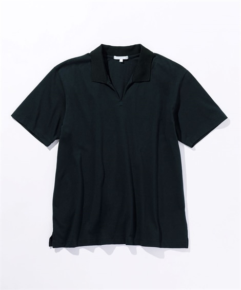 綿１００％スキッパー半袖ポロシャツ（お腹ゆったり）(M)(黒) (カジュアルシャツ/メンズファッション/紳士服)