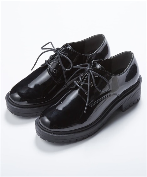 【ゆったり幅広】厚底レースアップシューズ（低反発中敷）（ワイズ４Ｅ）(23. 0-23. 5cm/4E)(黒(エナメル調)/黒) (シューズ（フラットシューズ・その他）/靴(レディースシューズ)・バッグ・アクセサリー)