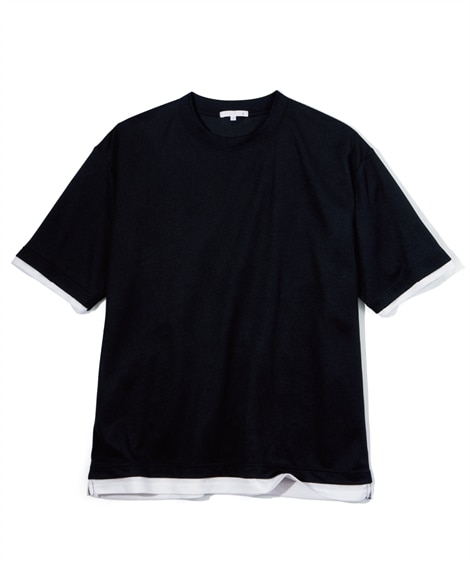 吸汗速乾メッシュオーバーサイズ重ね着風クルーネックTシャツ(3L)(黒系/黒) (Tシャツ・カットソー/メンズファッション/紳士服)