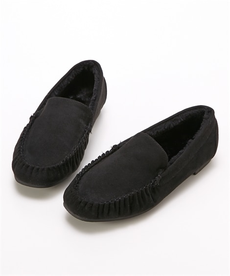 【ゆったり幅広】エコファーモカシンシューズ（低反発中敷）（選べるワイズ）(25. 0-25. 5cm/4E)(黒) (シューズ（フラットシューズ・その他）/靴(レディースシューズ)・バッグ・アクセサリー)