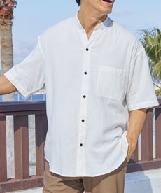 綿１００％オーバーサイズダブルガーゼノーカラー5分袖シャツ