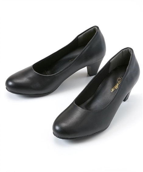 【ゆったり幅広】ブラックラウンドトゥミドルヒールパンプス（制菌・消臭中敷）（選べるワイズ）(27. 0cm/5E)(黒(ミドルヒール)/黒) (パンプス/靴(レディースシューズ)・バッグ・アクセサリー)