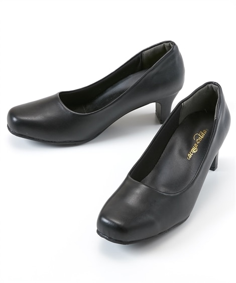 【ゆったり幅広】ブラックスクエアトゥミドルヒールパンプス（制菌・消臭中敷）（選べるワイズ）(24. 0cm/5E)(黒(ミドルヒール)/黒) (パンプス/靴(レディースシューズ)・バッグ・アクセサリー)