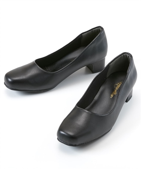 【ゆったり幅広】ブラックスクエアトゥローヒールパンプス（制菌・消臭中敷）（選べるワイズ）(24. 0cm/5E)(黒(ローヒール)/黒) (パンプス/靴(レディースシューズ)・バッグ・アクセサリー)