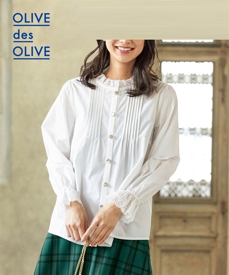 大きいサイズ 綿１００％フリル刺しゅうブラウス（オリーブ・デ・オリーブ）（シャツ・ブラウス）OLIVE des OLIVE（オリーブデオリーブ）