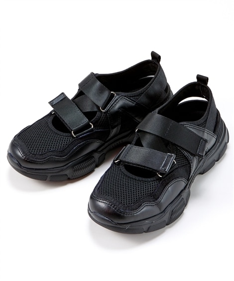 【ゆったり幅広】軽量甲ベルトスニーカーサンダル（ワイズ４Ｅ）(25. 0-25. 5cm/4E)(黒) (サンダル/靴(レディースシューズ)・バッグ・アクセサリー)