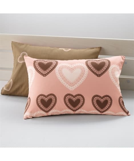 綿混プリントピローケース同色２枚組（ピンクハート柄） 枕カバー・ピローパッドの商品画像
