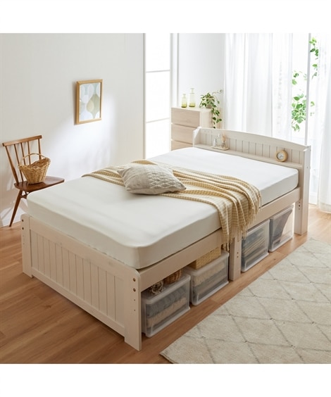 ＜ニッセン＞ 天然木パイン材高さが変えられる棚付きベッド (すのこベッド・畳ベッド/家具・収納・インテリア)画像
